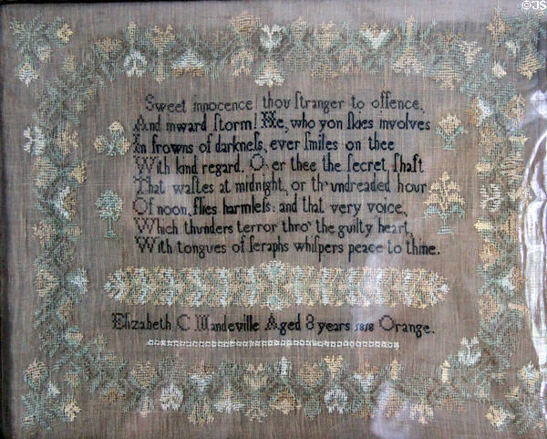Sampler embroidery (1818) with verse made by Elizabeth Mandeville age 8 at Home Sweet Home Museum. East Hampton, NY.