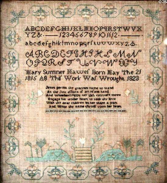 Sampler embroidery (1823) with numbers, alphabet & verse made by Mary Summer Hawes age 8 at Home Sweet Home Museum. East Hampton, NY.