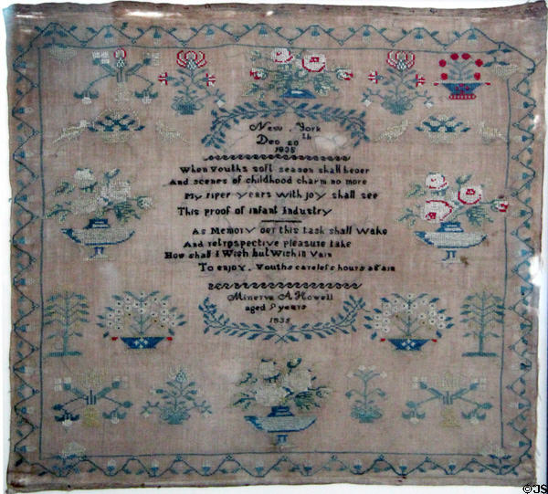 Sampler embroidery (1835) with verse by Minerva Howell age 9 at Home Sweet Home Museum. East Hampton, NY.
