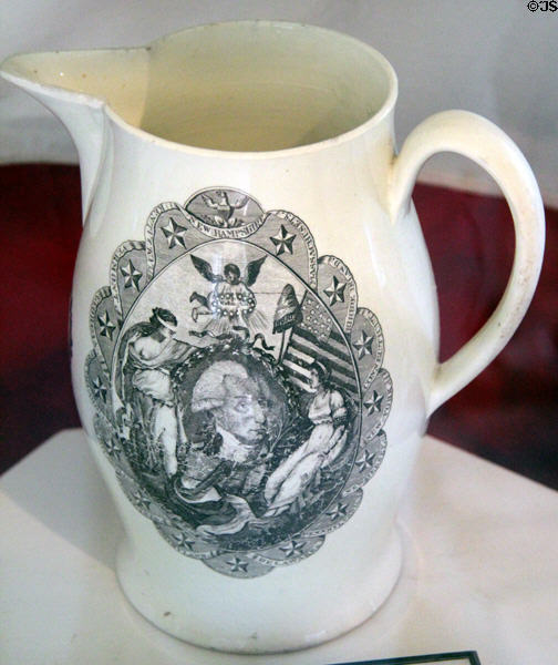 "Success to America" transfer printed creamware pitcher (c1790) depicting George Washington encircled by a chain of first 15 States at Home Sweet Home Museum. East Hampton, NY.