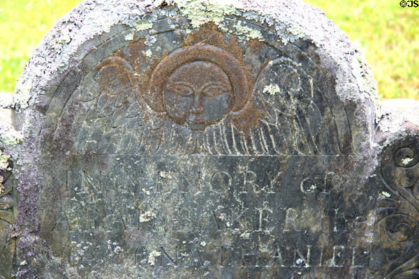 Detail of design on old tombstone in South End Burying Grounds. East Hampton, NY.