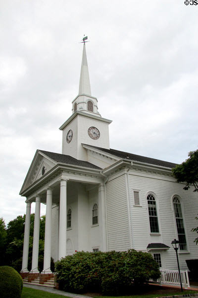 First Presbyterian Church of East Hampton Colonial Revival style portico, clock tower & spire. East Hampton, NY.
