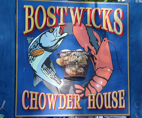 Fish & lobster sign at Bostwicks Chowder House. East Hampton, NY.