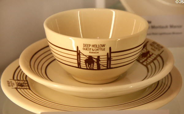 Plate, cup & saucer labeled Deep Hollow Guest & Cattle Ranch, which served as headquarters for Camp Wikoff, located at Third House, Montauk County Park & considered one of the oldest ranches in America at Montauk Lighthouse museum. Montauk, NY.