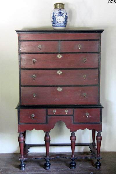 Highboy chest of drawers (c1700) by Nathaniel Dominys at Thomas Halsey Homestead. South Hampton, NY.