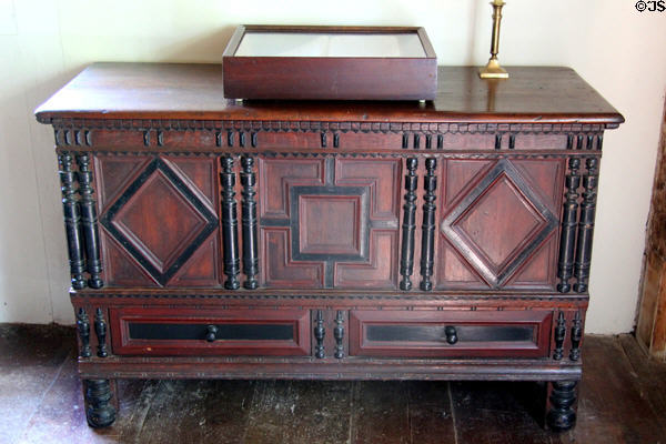 Ornately carved Connecticut-style chest at Thomas Halsey Homestead. South Hampton, NY.