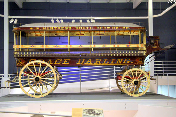 Grace Darling omnibus (aka passenger barge) (1880) pulled by six horses carried 45 passengers at carriage collection of Long Island Museum. Stony Brook, NY.