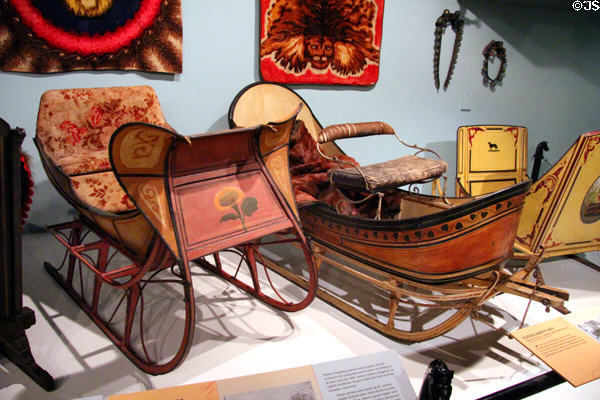 American cutter sleigh (c1840) & tub-shaped sleigh (c1850) at carriage collection of Long Island Museum. Stony Brook, NY.