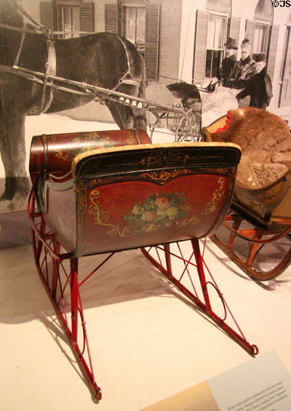 American cutter sleigh (c1880) with painted scenes & borders at carriage collection of Long Island Museum. Stony Brook, NY.