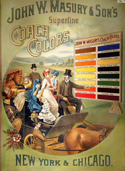 John W. Masury & Son's coach colors advertising sign at carriage collection of Long Island Museum. Stony Brook, NY.