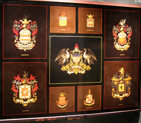 Heraldic paintings (1878) of American patriots for coaches by Peter Barry of Brewster & Co. were displayed at Paris Exposition Universelle at carriage collection of Long Island Museum. Stony Brook, NY.