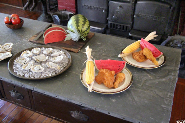 Replicas of favorite meals of Teddy Roosevelt in kitchen at Sagamore Hill NHS. Cove Neck, NY.