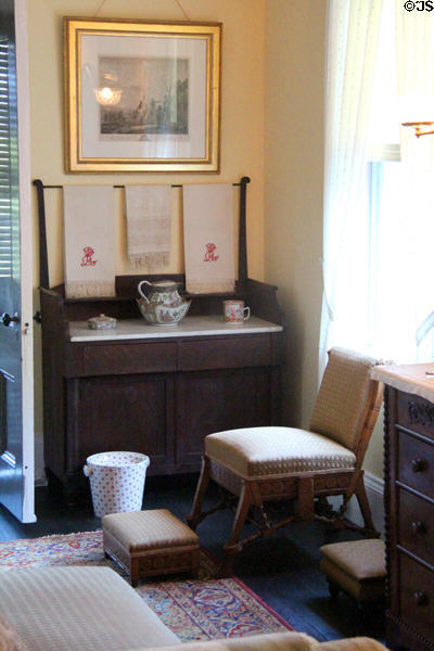 Washstand & chair in master bedroom at Roosevelt's House Sagamore Hill NHS. Cove Neck, NY.