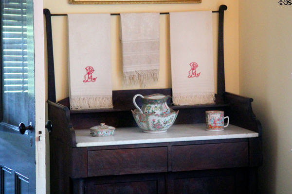 Washstand, pitcher & basin in master bedroom at Roosevelt's House Sagamore Hill NHS. Cove Neck, NY.