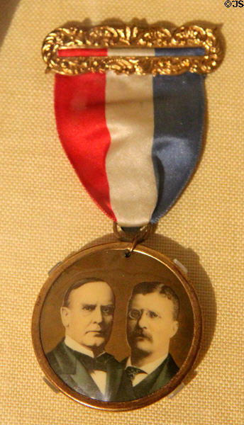 William McKinley for President & Roosevelt for VP campaign button (1900) at Old Orchard Museum at Sagamore Hill NHS. Cove Neck, NY.