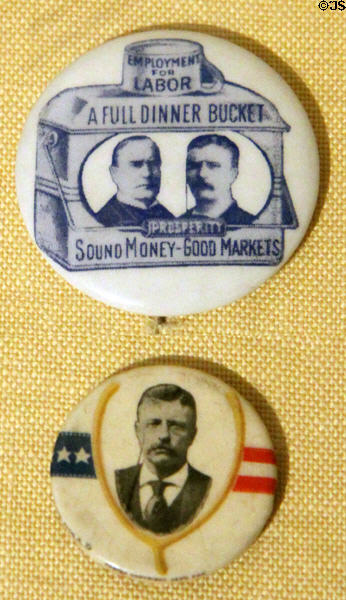 William McKinley for President & Roosevelt for VP campaign buttons (1900) at Old Orchard Museum at Sagamore Hill NHS. Cove Neck, NY.