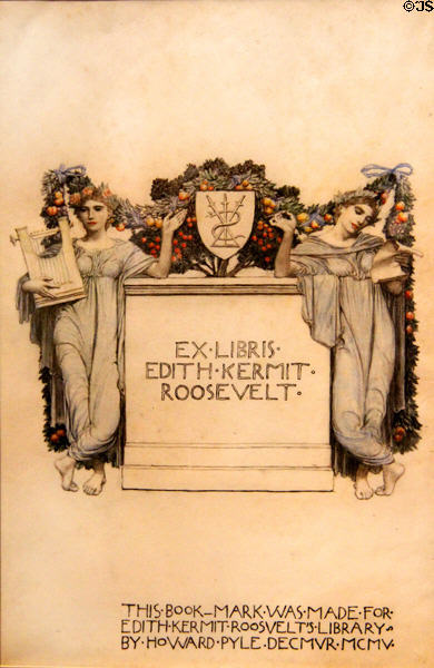 Book plate for Edith Kermit Roosevelt (1905) designed by Howard Pyle at Old Orchard Museum at Sagamore Hill NHS. Cove Neck, NY.