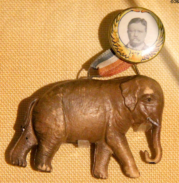 Teddy Roosevelt campaign button plus Republican elephant (1904) at Old Orchard Museum at Sagamore Hill NHS. Cove Neck, NY.