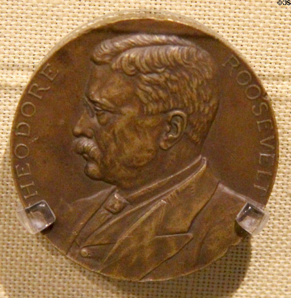 Teddy Roosevelt inaugural medal (1905) by Augustus Saint-Gaudens at Old Orchard Museum at Sagamore Hill NHS. Cove Neck, NY.