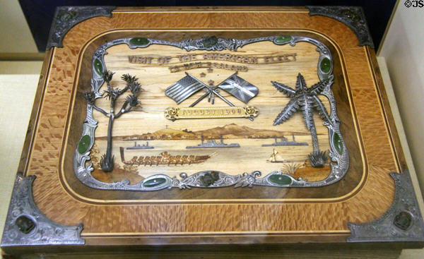 Presentation box commemorating visit of Great White Fleet to New Zealand (August, 1908) at Old Orchard Museum at Sagamore Hill NHS. Cove Neck, NY.