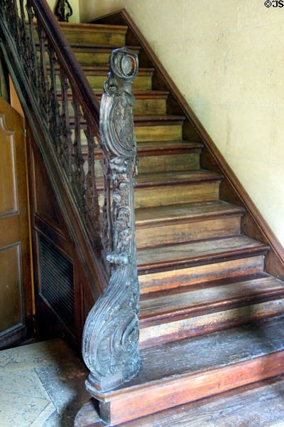 Stairway with carved newel post at Vanderbilt Mansion. Centerport, NY.