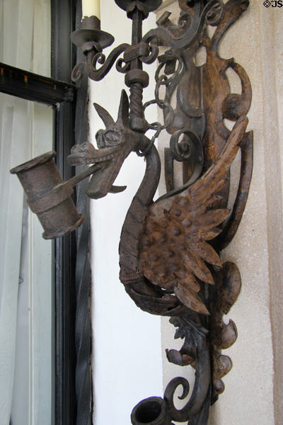 Northport porch candlestick in form of winged dragon with pipe at Vanderbilt Mansion. Centerport, NY.