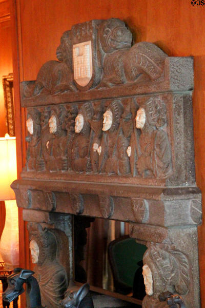 Mantle with crusader head medallions (1476) made in Portugal in Portuguese sitting room at Vanderbilt Mansion. Centerport, NY.