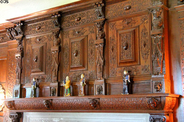 Carved fireplace mantle in organ room at Vanderbilt Mansion. Centerport, NY.