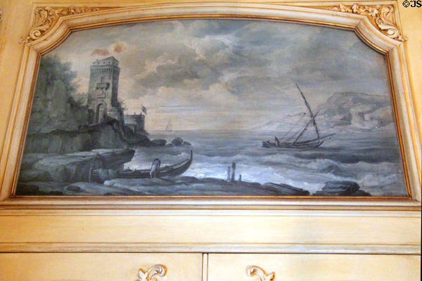 French nautical scene in yellow guest room at Vanderbilt Mansion. Centerport, NY.