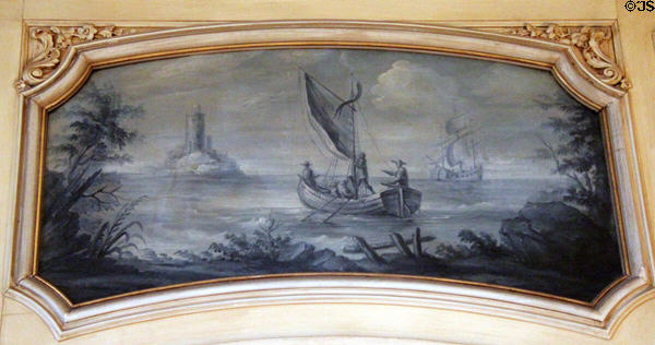 French nautical scene in yellow guest room at Vanderbilt Mansion. Centerport, NY.
