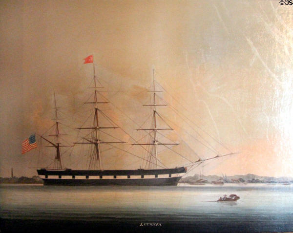 American 3-masted naval frigate Luconia flying 24 star flag (1822-36) painting at Vanderbilt Mansion. Centerport, NY.