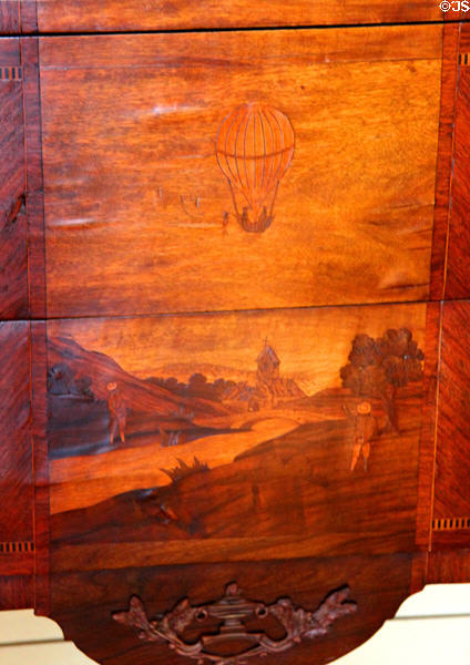 Antique French chest of drawers with hot-air balloon theme in Rosemund's room at Vanderbilt Mansion. Centerport, NY.