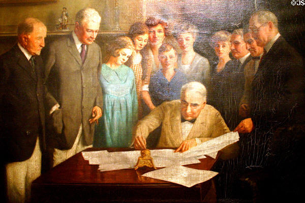 Painting of W.G. Harding signing one of the peace treaties ending WWI at Harding home museum. Marion, OH.