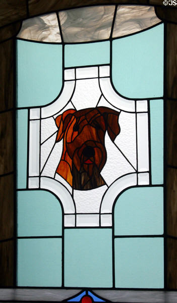 Stained glass window of Harding dog who lived in the White House, once part of a church memorial, now in Heritage Hall museum. Marion, OH.