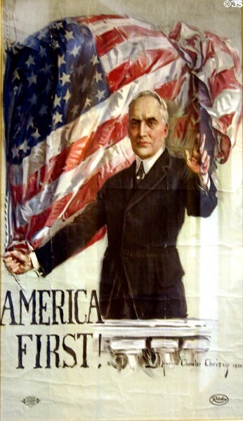 America First poster showing W.G. Harding holding American flag (1920) by Howard Chandler Christy in Heritage Hall museum. Marion, OH.