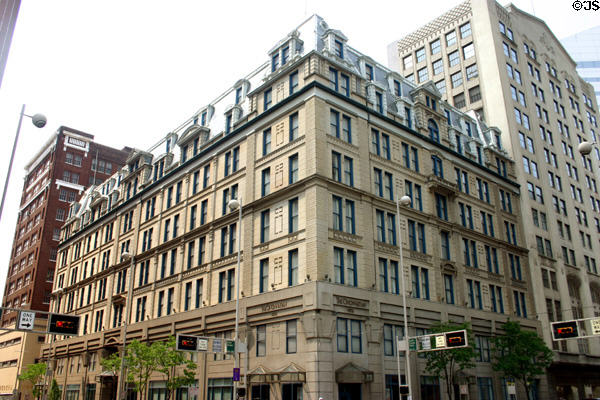 Second empire Cincinnatian Hotel (1882) plus neighboring Art Deco & Moderne Enquirer Building (1926) to right. Cincinnati, OH. On National Register.