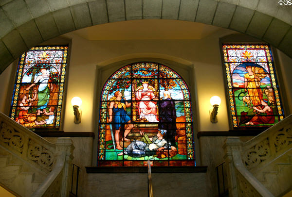 Tiffany stained-glass windows in entrance hall of Cincinnati City Hall. Cincinnati, OH.