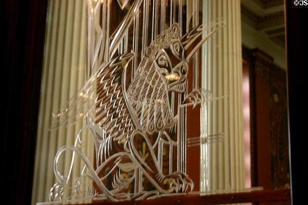 Cut glass window depicting lion of evangelist Mark in St Peter-In-Chains Cathedral. Cincinnati, OH.