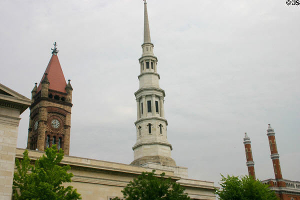 Spires of City Hall, St. Peter-In-Chains & Plum Street Temple. Cincinnati, OH.