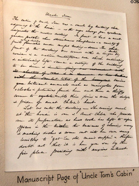 Manuscript page from <i>Uncle Tom's Cabin</i> by Harriet Beecher Stowe at Stowe House. Cincinnati, OH.