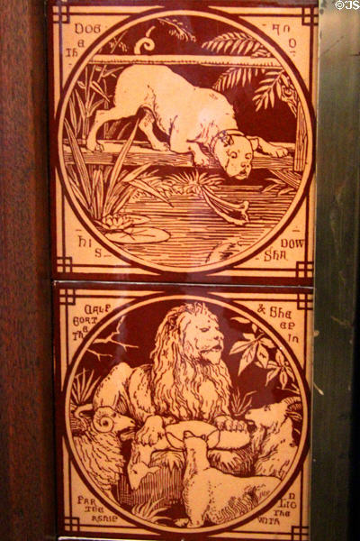 Aesop's Fables: The Dog and His Shadow & The Goat, Calf & Sheep in Partnership with the Lion depicted on Minton art tiles (c1875) at Taft House NHS. Cincinnati, OH.