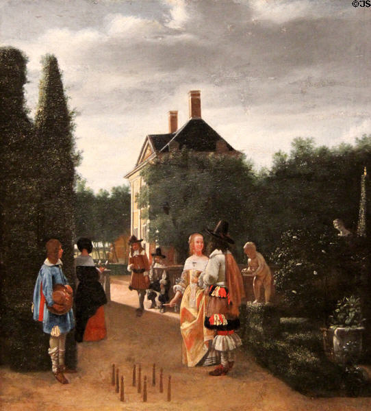 Game of Skittles painting (c1680) by Pieter de Hooch of The Netherlands at Cincinnati Art Museum. Cincinnati, OH.