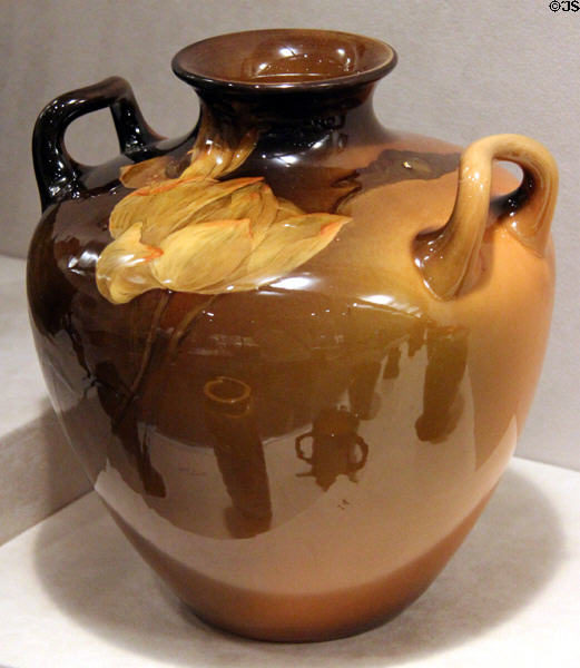 Earthenware vase with yellow flower (1900) by Amelia Browne Sprague of Rookwood Pottery Co. of Cincinnati at Cincinnati Art Museum. Cincinnati, OH.