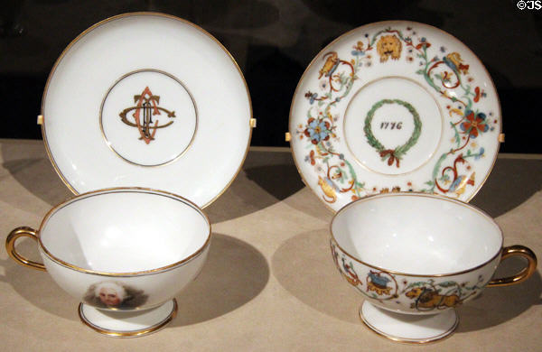 Two Centennial teacups (1875) prepared by rival China painters Mary Louise McLaughlin vs. Maria Longworth Nichols Storer at Cincinnati Art Museum. Cincinnati, OH.