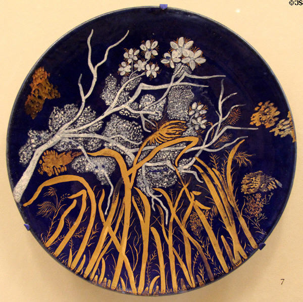 Earthenware blue charger with branches (1880) from Frederick Dallas Hamilton Road Pottery at Cincinnati Art Museum. Cincinnati, OH.