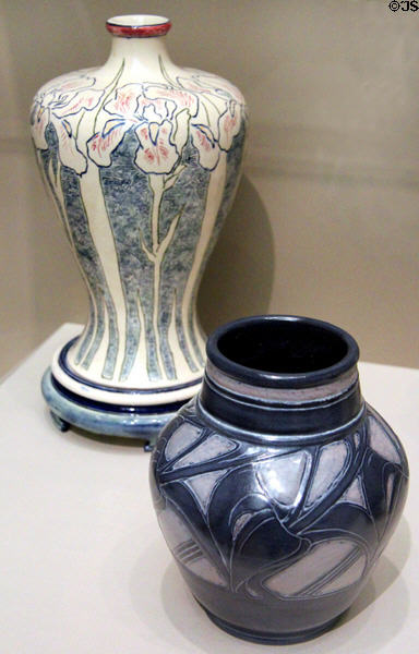 Earthenware vase (1898) by Mary Given Sheerer & (1910) by Sadie Irvine both of Newcomb Pottery of New Orleans, LA at Cincinnati Art Museum. Cincinnati, OH.