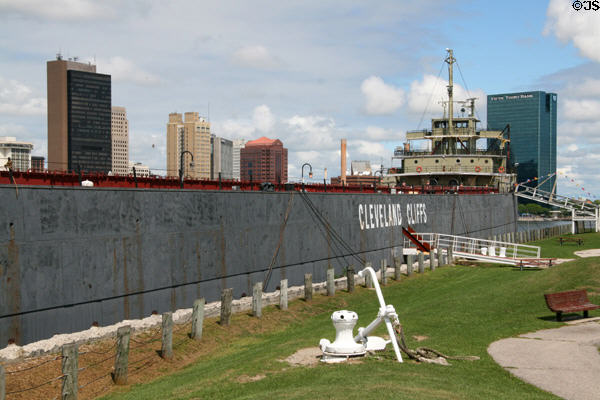 Willis B. Boyer lake freighter museum ship against skyline of Toledo. Toledo, OH.