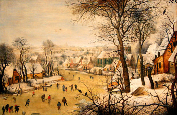 Winter landscape with bird trap painting (1600-25) by Pieter Brueghel the Younger at Toledo Museum of Art. Toledo, OH.