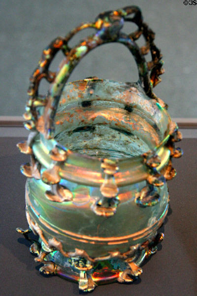Blown glass jar with basket handle from Syria or Palestine (4th-5thC) at Toledo Glass Pavilion. Toledo, OH.