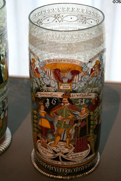 German beaker with allegory of peace of Westphalia (1651) at Toledo Glass Pavilion. Toledo, OH.